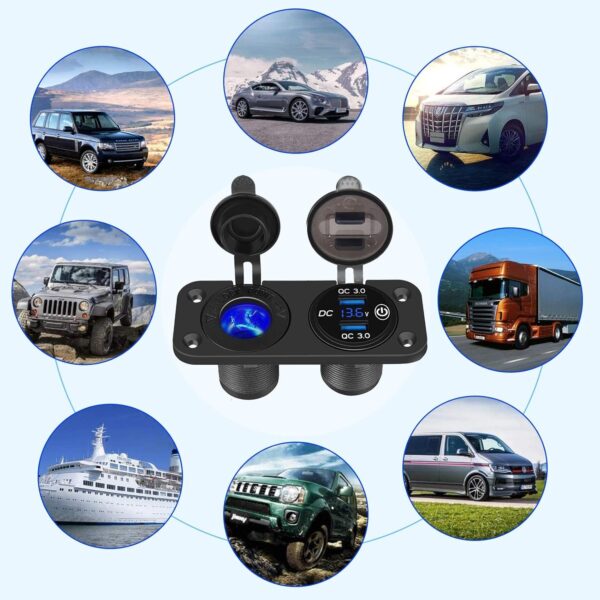 SYOSI QC 3.0 Car USB for Charger, Socket Cigarette Lighter Socket 12V/24V Power Outlet with LED Digital Voltmeter and Touch Switch for Car Boat Marine(Black) - Image 8