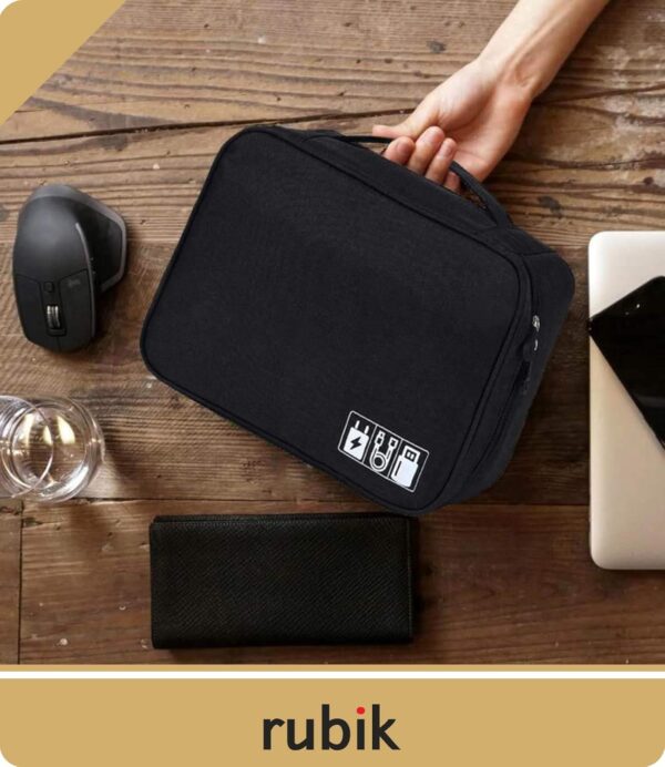 Rubik Travel Universal Cable Organizer Waterproof Carrying Bag, Gadgets Electronics Accessories Storage Case for Charger, USB Cables, Earphone, Ipad Mini, Phone, SD Card, Power Bank - Black - Image 6