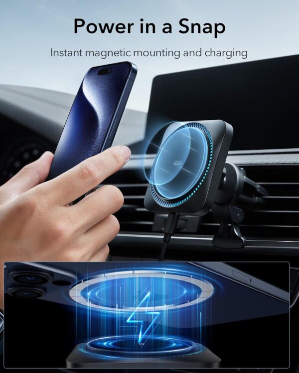 ESR Magnetic Wireless Car Charger with CryoBoost (HaloLock), Compatible with MagSafe Car Charger for iPhone 16/15/14/13/12 Series, Air Vent Mount, Fast Charging, Phone-Cooling Charger, Frosted Onyx - Image 5