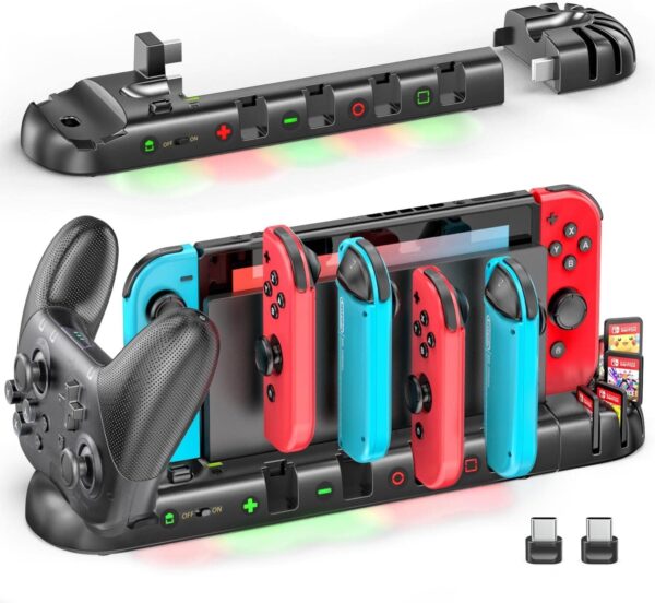 Controller Charger for Switch Original and for OLED Model, Charging Dock Station for Switch Joy-con and for Pro Controller, Charger Dock Stand with 4 Charging Slots and Detachable 8 Game Slots - Image 2