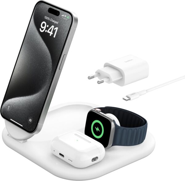 Belkin MagSafe Charger, BoostCharge 3-in-1 Magnetic Foldable Charger with Qi2 15W - MagSafe-Compatible Fast Charger for Apple iPhone 16, Apple Watch, AirPods with Non-Slip Base, PSU Included - White - Image 2
