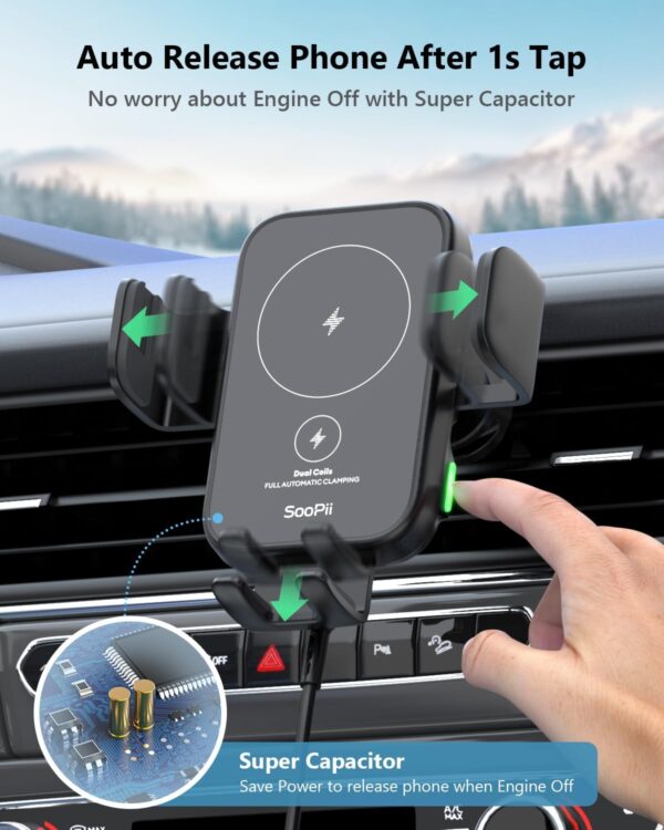 SooPii Dual Coils Wireless Car Charger,15W Fast Smart Alignment Wireless Charging Car Mount, Full Auto-Clamping Car Phone Holder Charger for lPhone 15/14/13 Pro,Galaxy Z Fold4/3/Flip4/3/S24/S23 - Image 5