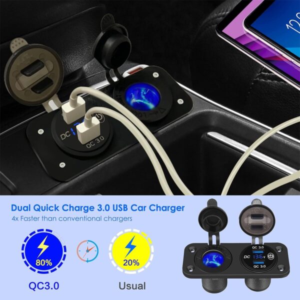 SYOSI QC 3.0 Car USB for Charger, Socket Cigarette Lighter Socket 12V/24V Power Outlet with LED Digital Voltmeter and Touch Switch for Car Boat Marine(Black) - Image 6