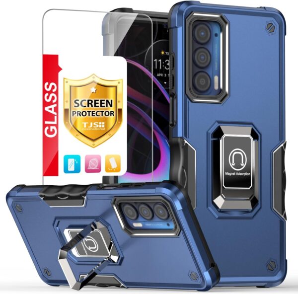 TJS Compatible with Motorola Moto Edge 5G 2021 Case, Moto Edge 5G UW Case, with Tempered Glass Screen Protector Defender Metal Ring Magnetic Support Kickstand Heavy Duty Protector Phone Case (Blue) - Image 2