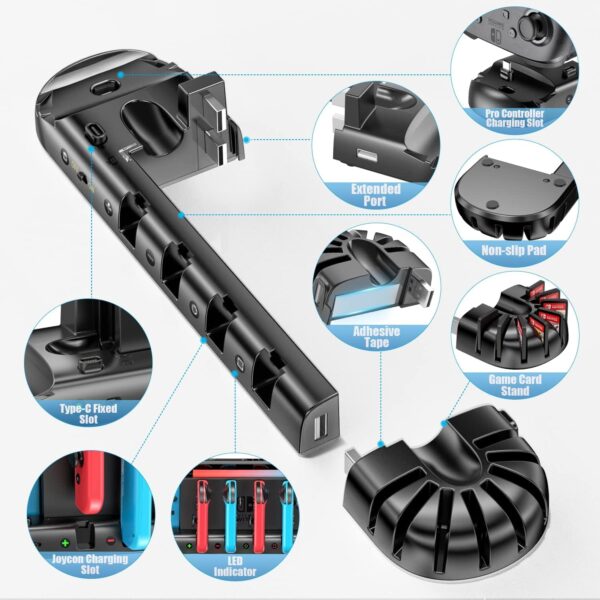 Controller Charger for Switch Original and for OLED Model, Charging Dock Station for Switch Joy-con and for Pro Controller, Charger Dock Stand with 4 Charging Slots and Detachable 8 Game Slots - Image 3