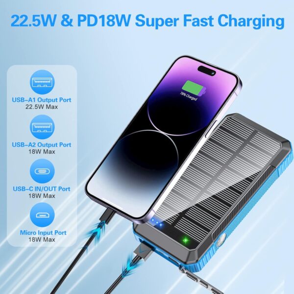 DJKK Solar Power Bank Wireless Charger 33800mAh Built in 4 Cables and LED Camping Lights 22.5W Fast Charging Power Bank 7 Outputs 4 Inputs Portable Charger Compatible with All Mobile Devices (Blue) - Image 5