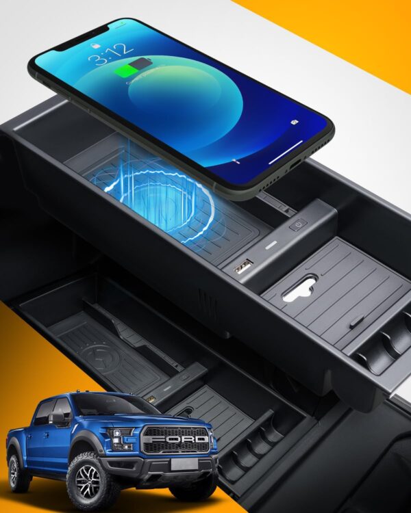 CarQiWireless Wireless Charger for F150 2009-2023, Center Console Organizer Box for Ford F150 Accessories F-150 2009 2010 2011 2012 2013 2014 2015 2016 2017 2018 2019 2020 2021 2022 2023 2015-2018 - Image 2