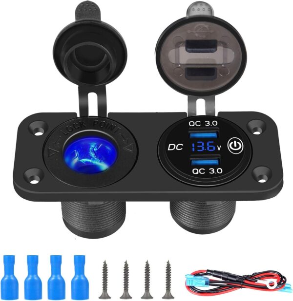SYOSI QC 3.0 Car USB for Charger, Socket Cigarette Lighter Socket 12V/24V Power Outlet with LED Digital Voltmeter and Touch Switch for Car Boat Marine(Black) - Image 2