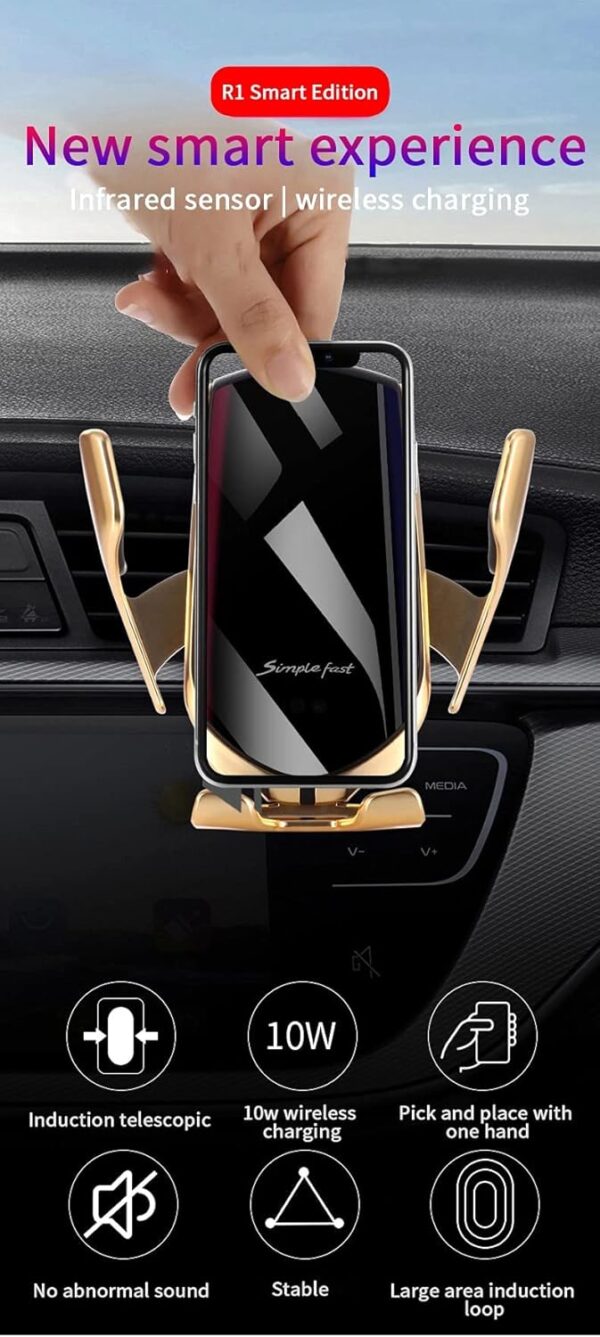 SimpleFast AJSHGD R1 Automatic Clamping 10W Wireless Charger Car Holder Smart Infrared Sensor Qi GPS Air Vent Mount Mobile Phone Bracket Stand (Color : Gold Universal) - Image 3