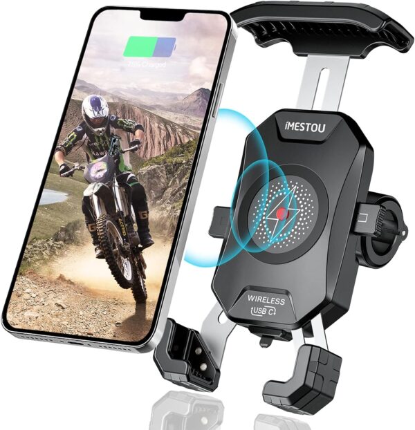 iMESTOU Motorcycle Wireless Phone Mount Charger Qi 15W & USB C 3.0A Charge Simultaneously by Plugging to 12V/24V Vehicle/USB A Socket with Aluminium Handlebar Base 360 Rotation for 4.0-7.0" Cellphones - Image 2