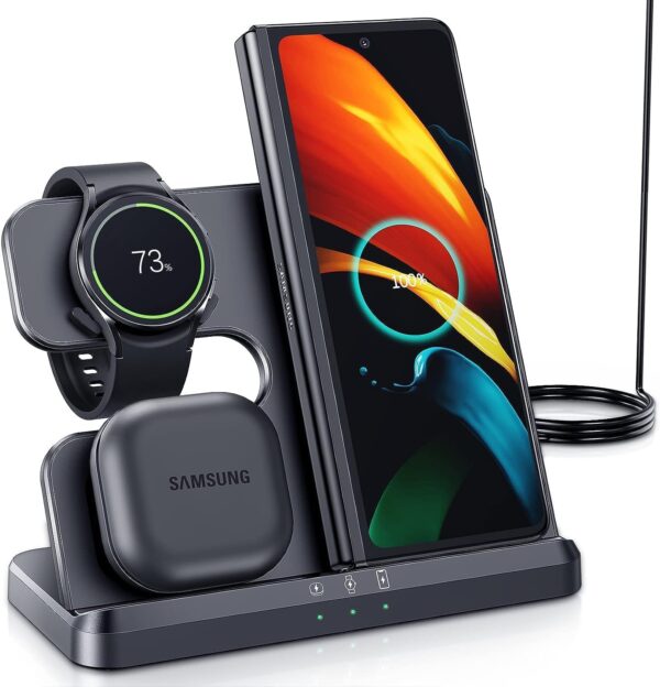 MAKINGTEC Wireless Charging Station for Samsung 3 in 1 Wireless Charger for Galaxy Watch 4/3/Active 2/1 Compatible with Samsung S22 Ultra S21 S20 Note20 Z Flip 4/3 Z Fold Galaxy Buds, Black - Image 5