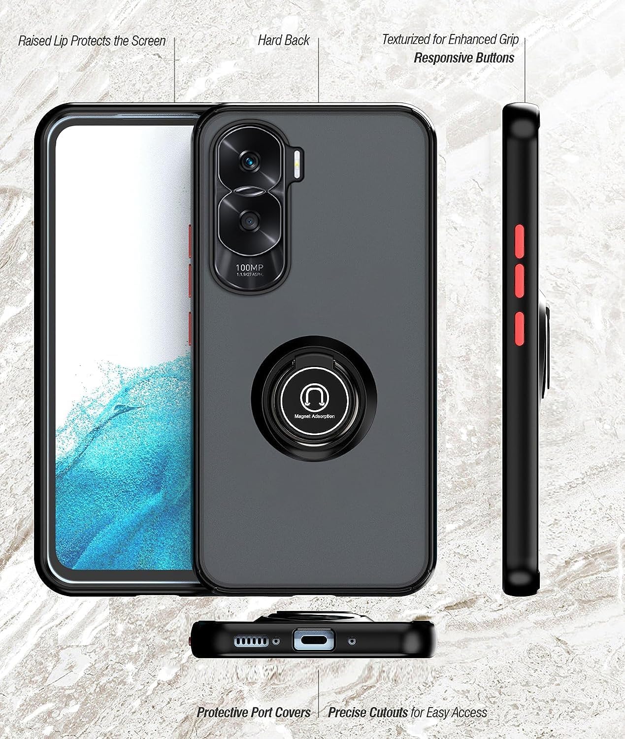 Zubitech Case For Honor 90 Lite Rotational Metal Ring Grip Kickstand Cover Magnetic Car Mount Holder Case Shockproof Anti Fingerprint Case for Honor 90 Lite (Blue) - Image 5