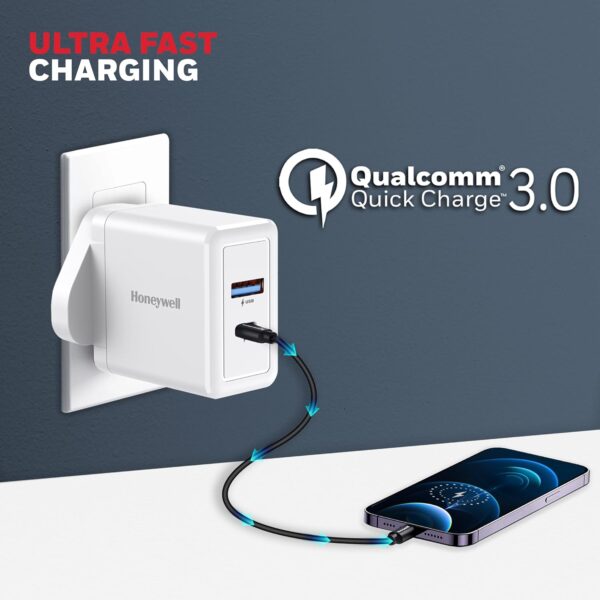 Honeywell Zest Charger PD30W, Ultra-Fast Wall Charger with PPS Support, 1xType C PD 3.0 Port & 1x USB A Port, Compatible with iPhone, iPad,Samsung, Oneplus,Smartphones,Tablets,Power Banks-White - Image 3