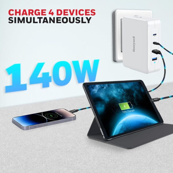Honeywell Zest Charger GaN 140W, Ultra-Fast Wall Charger with PPS support, 3xType C PD 3.0 Ports & 1xUSB A Port, Equipped with Switchable Plugs,Compatible with iPhone,MacBook Air,Galaxy,Laptops - Image 4