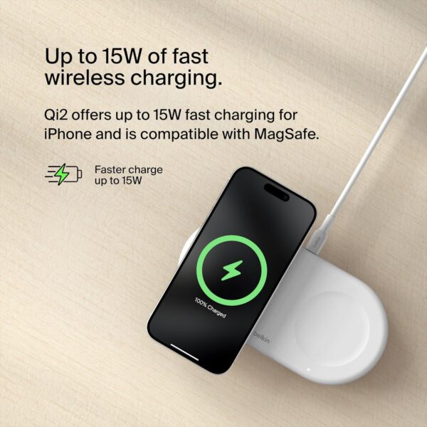Belkin BoostCharge Pro 2-in-1 Wireless Charging Pad with Magnetic Qi2 15W, Fast Charging iPhone Wireless Charger Compatible with iPhone 15 Series, AirPods, MagSafe Enabled Devices - White - Image 5