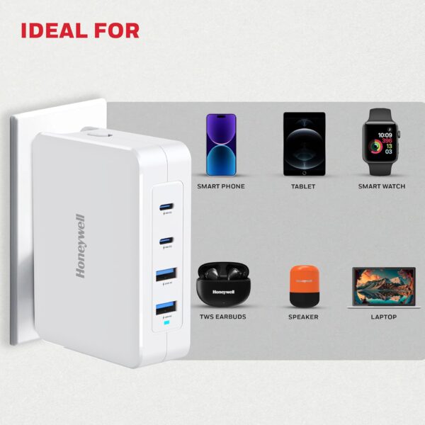 Honeywell Zest Charger GaN 140W, Ultra-Fast Wall Charger with PPS support, 3xType C PD 3.0 Ports & 1xUSB A Port, Equipped with Switchable Plugs,Compatible with iPhone,MacBook Air,Galaxy,Laptops - Image 9