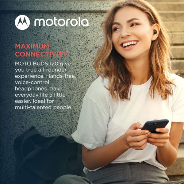 Motorola Sound Moto Buds 120 - True Wireless Bluetooth Earbuds with Microphone & Compact Charging Case - IPX5 Water Resistant, Voice & Smart Touch-Control, Lightweight Comfort-Fit, Clear - Black - Image 6