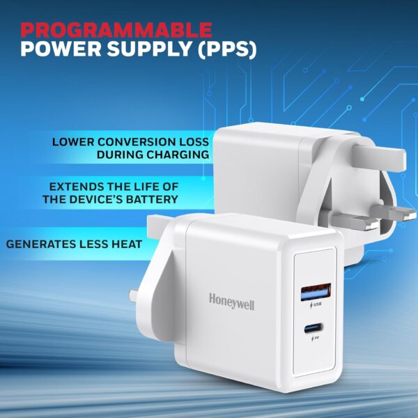 Honeywell Zest Charger PD30W, Ultra-Fast Wall Charger with PPS Support, 1xType C PD 3.0 Port & 1x USB A Port, Compatible with iPhone, iPad,Samsung, Oneplus,Smartphones,Tablets,Power Banks-White - Image 5