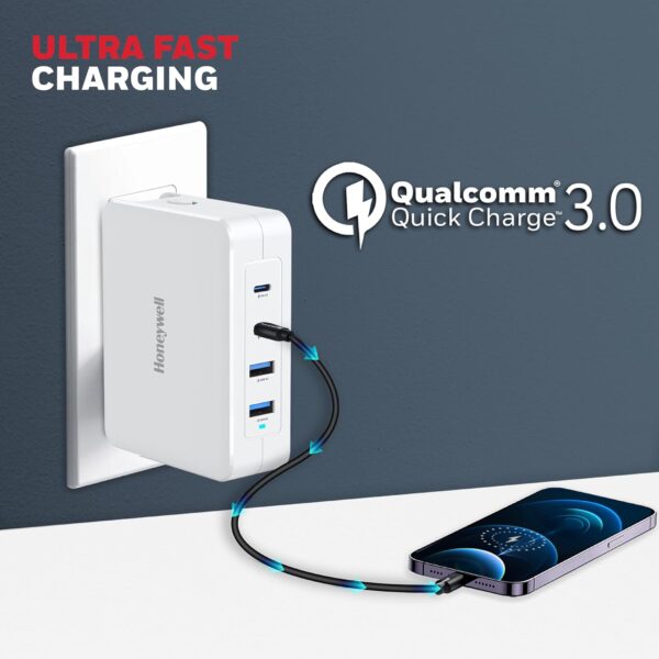 Honeywell Zest Charger GaN 140W, Ultra-Fast Wall Charger with PPS support, 3xType C PD 3.0 Ports & 1xUSB A Port, Equipped with Switchable Plugs,Compatible with iPhone,MacBook Air,Galaxy,Laptops - Image 3