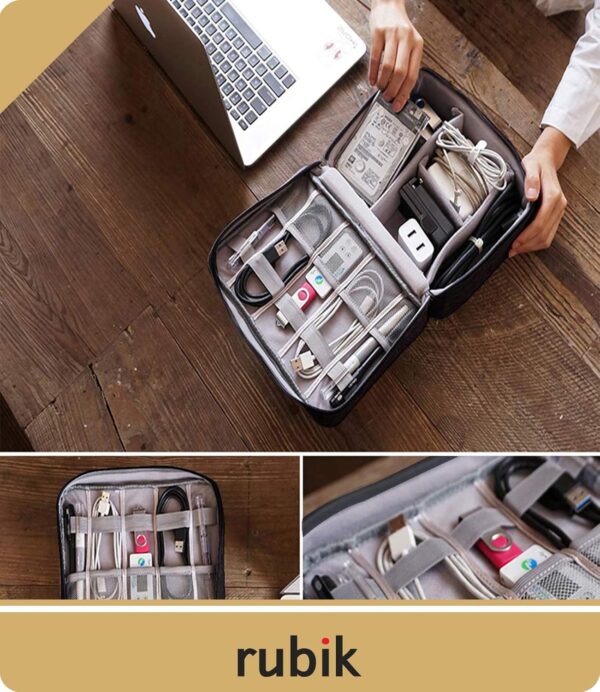 Rubik Travel Universal Cable Organizer Waterproof Carrying Bag, Gadgets Electronics Accessories Storage Case for Charger, USB Cables, Earphone, Ipad Mini, Phone, SD Card, Power Bank - Black - Image 4