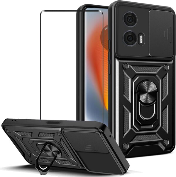 WRTBS for Motorola Edge 50 Fusion 5G Case Cover with Full Covered Tempered Glass Screen Protector Built Slide Camera Protection Cover,Military Heavy Duty Protective Phone Case - Black - Image 2