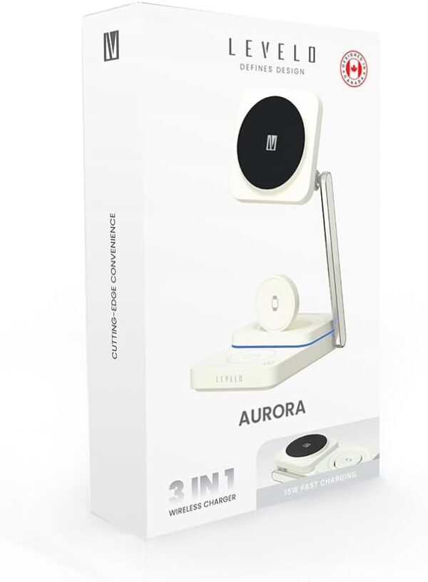 Levelo Aurora 3 In 1 Wireless Charger for Watch, earbuds and Mobile Phone, Elegant Design, Multipurpose Phone holder Stand - White - Image 8