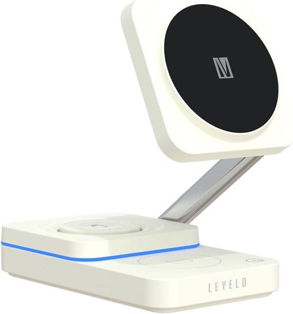 Levelo Aurora 3 In 1 Wireless Charger for Watch, earbuds and Mobile Phone, Elegant Design, Multipurpose Phone holder Stand - White - Image 3