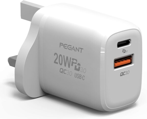 PEGANT 20W USB C PD Fast Charger, Dual Port Type-C QC3.0 Wall Adapter UK Plug, Compatible with iPhone 15/14/13/12/11, Galaxy, Pixel, iPad, AirPods - Image 2