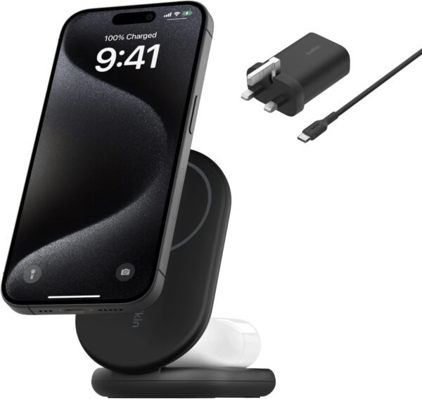 Belkin BoostCharge 2-in-1 magnetic foldable Qi2 charger 15W, MagSafe compatible wireless charger, fast charger for iPhone 16, 15, 14, 13, 12, charging station with non-slip base, PSU Included - Black - Image 2