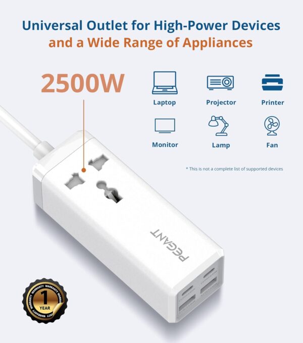 PEGANT 65W Power Extension Cord 2x USB-C PD, 2x USB-A QC Fast Charger Adapter, 1 Way Universal Plug Socket Outlet, Type-C Quick Charging Surge Protector, Compatible with iPhone 15/14, 2M Cable (65W) - Image 6