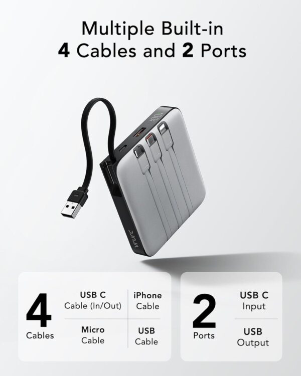 VRURC 20000mAh Power Bank, 22.5W Fast Charging Phone Portable Charger with Built-in Cables, USB C Battery Pack, LED Display, Compatible with iPhone 14 Galaxy S23 Google LG Android Phone - Image 3