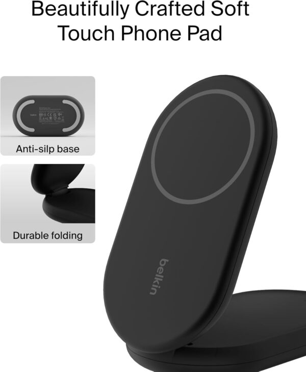 Belkin BoostCharge 2-in-1 magnetic foldable Qi2 charger 15W, MagSafe compatible wireless charger, fast charger for iPhone 16, 15, 14, 13, 12, charging station with non-slip base, PSU Included - Black - Image 6