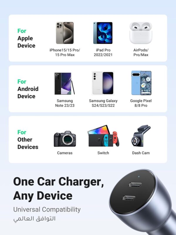 UGREEN Dual USB-C Car Charger PD 50W, Fast Charging Car Battery Charger Double Type-C Car Socket, USB PD Car Charger for iPhone 16 Pro/16 Pro Max/16/15/14/13/12, Galaxy S24/S23/22/21, iPad Pro 6/Air 5 - Image 5