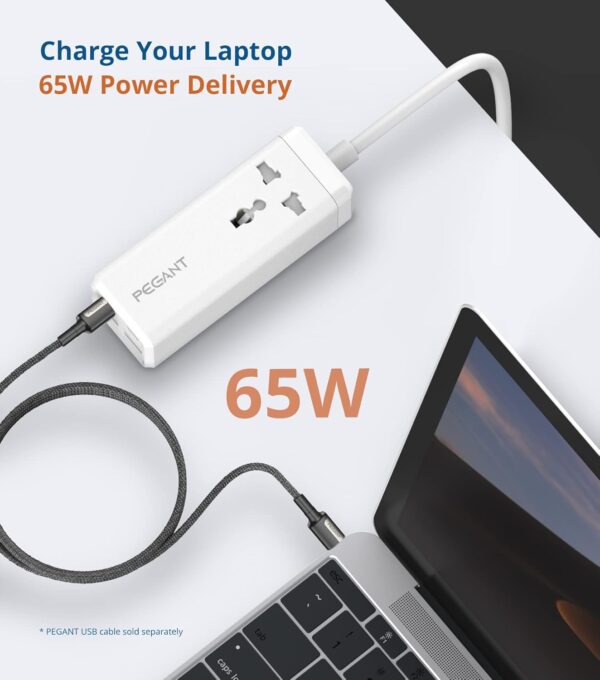 PEGANT 65W Power Extension Cord 2x USB-C PD, 2x USB-A QC Fast Charger Adapter, 1 Way Universal Plug Socket Outlet, Type-C Quick Charging Surge Protector, Compatible with iPhone 15/14, 2M Cable (65W) - Image 5