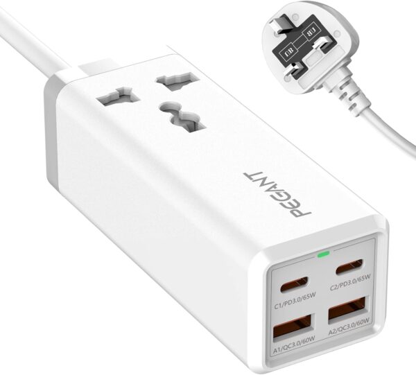 PEGANT 65W Power Extension Cord 2x USB-C PD, 2x USB-A QC Fast Charger Adapter, 1 Way Universal Plug Socket Outlet, Type-C Quick Charging Surge Protector, Compatible with iPhone 15/14, 2M Cable (65W) - Image 2