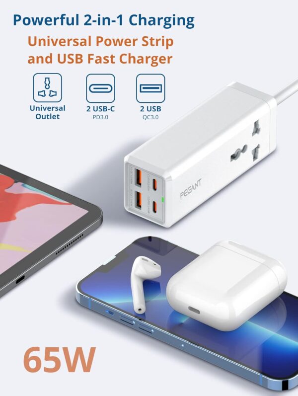 PEGANT 65W Power Extension Cord 2x USB-C PD, 2x USB-A QC Fast Charger Adapter, 1 Way Universal Plug Socket Outlet, Type-C Quick Charging Surge Protector, Compatible with iPhone 15/14, 2M Cable (65W) - Image 4