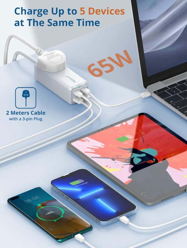 PEGANT 65W Power Extension Cord 2x USB-C PD, 2x USB-A QC Fast Charger Adapter, 1 Way Universal Plug Socket Outlet, Type-C Quick Charging Surge Protector, Compatible with iPhone 15/14, 2M Cable (65W) - Image 3