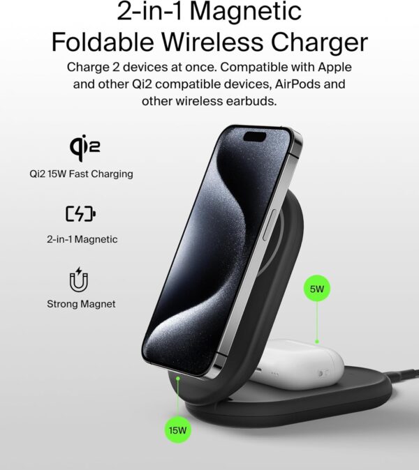 Belkin BoostCharge 2-in-1 magnetic foldable Qi2 charger 15W, MagSafe compatible wireless charger, fast charger for iPhone 16, 15, 14, 13, 12, charging station with non-slip base, PSU Included - Black - Image 3