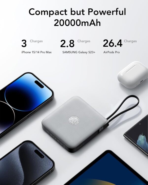 VRURC 20000mAh Power Bank, 22.5W Fast Charging Phone Portable Charger with Built-in Cables, USB C Battery Pack, LED Display, Compatible with iPhone 14 Galaxy S23 Google LG Android Phone - Image 9