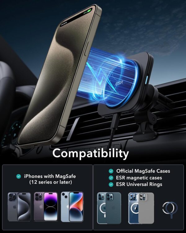 ESR for MagSafe Car Mount Charger, 15W Magnetic Wireless Car Charger, Compatible with MagSafe Car Charger, Air Vent/Dashboard Phone Holder Mount for iPhone 16/15/14/13/12, Fast Charging, Black - Image 10