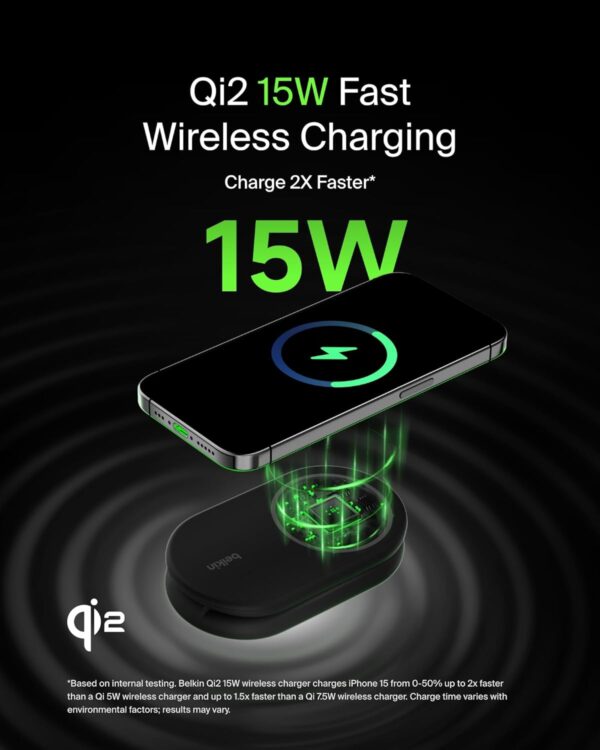 Belkin BoostCharge 2-in-1 magnetic foldable Qi2 charger 15W, MagSafe compatible wireless charger, fast charger for iPhone 16, 15, 14, 13, 12, charging station with non-slip base, PSU Included - Black - Image 4