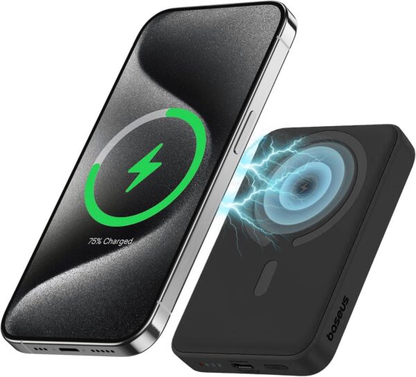 Baseus Wireless Charger 6000mAh Power Bank, 20W PD Wireless Power Bank with USB C Cable, Portable Charger Compatible with 15 Pro Max, 14/13/12 Series, Samsung S24 etc (Black, 6000mAh-20w) - Image 2