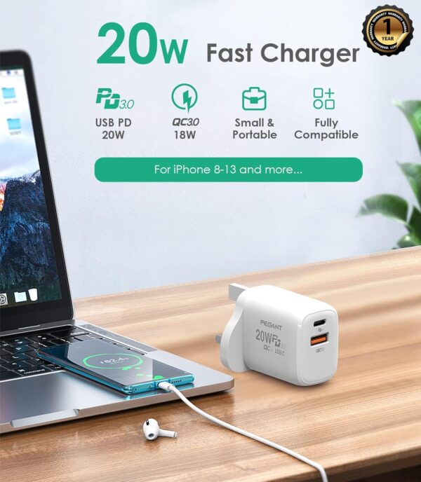 PEGANT 20W USB C PD Fast Charger, Dual Port Type-C QC3.0 Wall Adapter UK Plug, Compatible with iPhone 15/14/13/12/11, Galaxy, Pixel, iPad, AirPods - Image 3