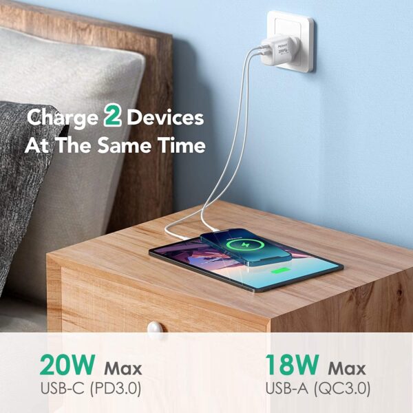 PEGANT 20W USB C PD Fast Charger, Dual Port Type-C QC3.0 Wall Adapter UK Plug, Compatible with iPhone 15/14/13/12/11, Galaxy, Pixel, iPad, AirPods - Image 6