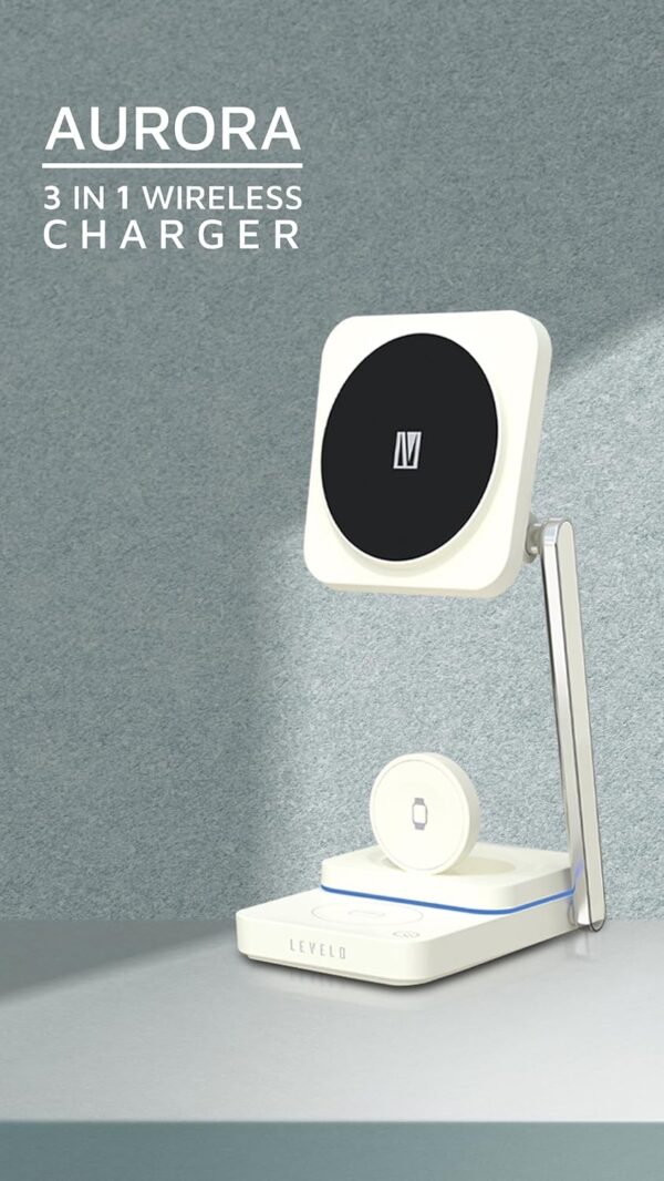 Levelo Aurora 3 In 1 Wireless Charger for Watch, earbuds and Mobile Phone, Elegant Design, Multipurpose Phone holder Stand - White - Image 6
