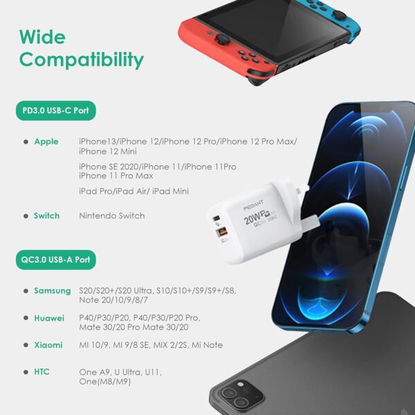 PEGANT 20W USB C PD Fast Charger, Dual Port Type-C QC3.0 Wall Adapter UK Plug, Compatible with iPhone 15/14/13/12/11, Galaxy, Pixel, iPad, AirPods - Image 5