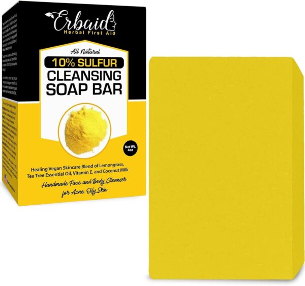 (118ml (Pack of 1)) - 10% Sulphur Soap Cleansing Bar for Face & Body - All Natural Facial Cleanser for Acne, Oily Skin - Healing Skincare Blend of Lemongrass, Tea Tree Essential Oil, Vitamin E, Coc... - Image 2