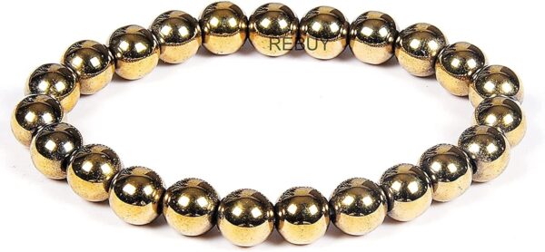 REBUY Golden Pyrite Bracelet Crystal Healing Bracelet Gemstone Bracelet Jewelry for Men & Women, Color Golden, Bead Size 8 mm - Image 2