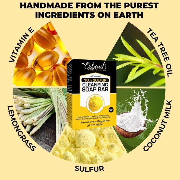 (118ml (Pack of 1)) - 10% Sulphur Soap Cleansing Bar for Face & Body - All Natural Facial Cleanser for Acne, Oily Skin - Healing Skincare Blend of Lemongrass, Tea Tree Essential Oil, Vitamin E, Coc... - Image 5
