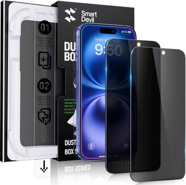 SmartDevil 2 Pack for iPhone 16 (6.1 inch) Privacy Screen Protector, Anti-Shatter and Anti-Spy Tempered Glass Privacy Screen Protector with Dust-Free Box - Image 2